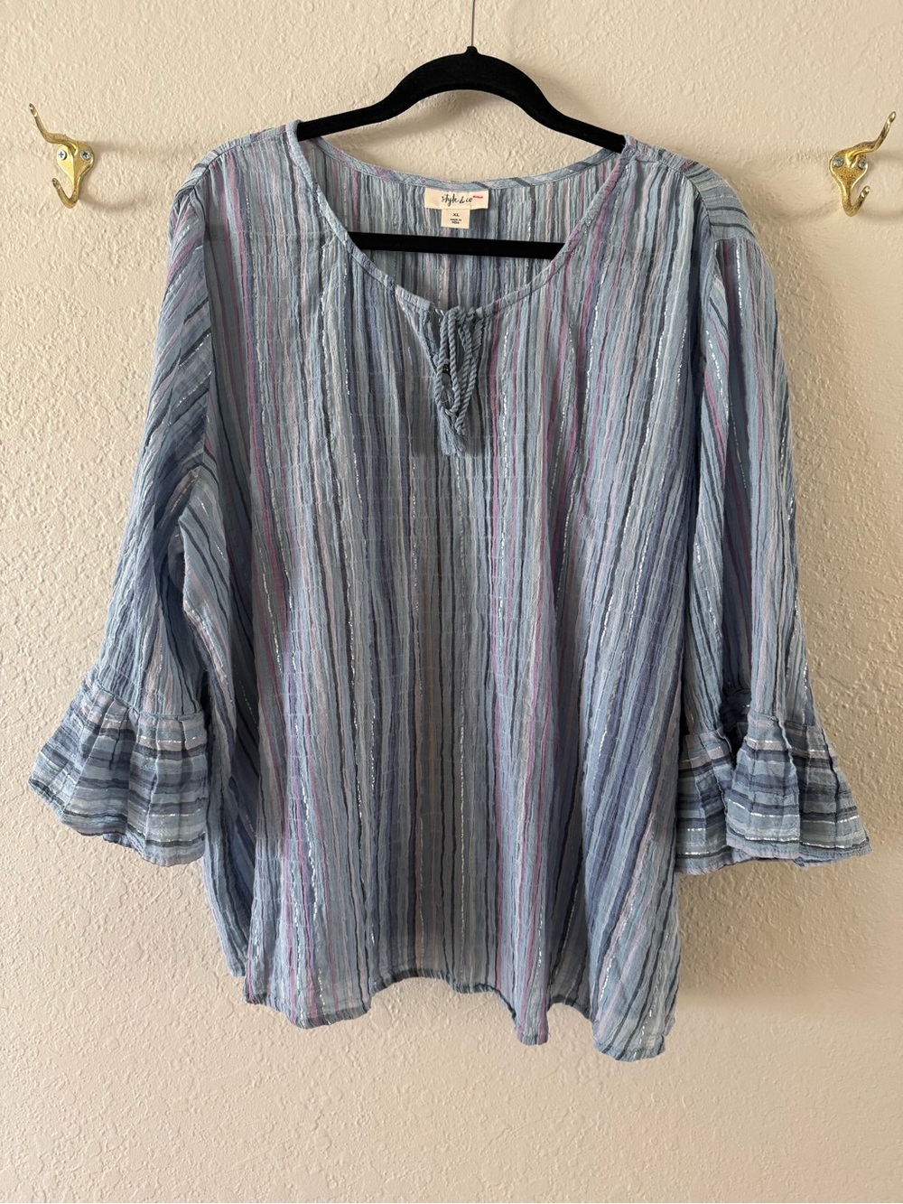 Style & Co XL Striped Tassel Tie V-Neck 3/4 Bell Sleeve Blouse Blue Pink Boho